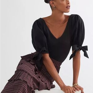 NWT Anthropologie Maeve Ribbed Puff Tie Sleeve Blouse Top in Black - size small
